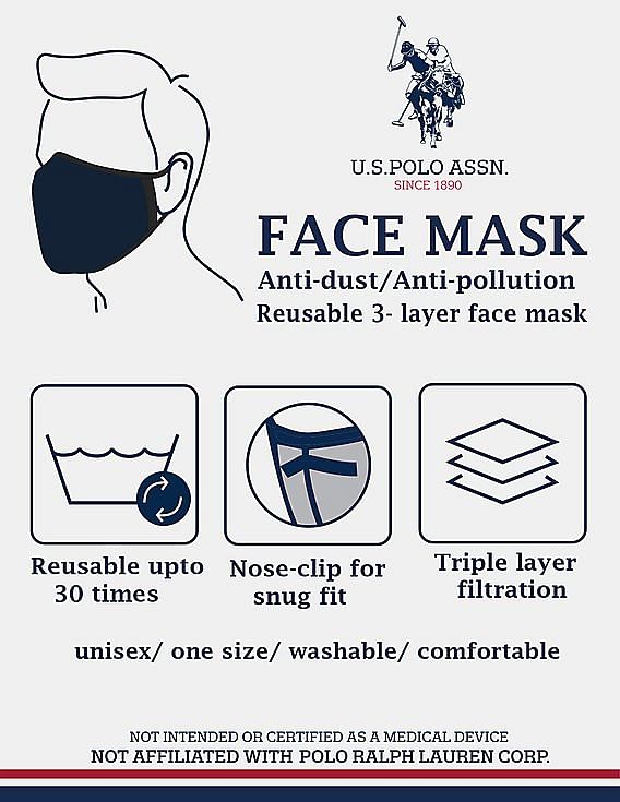 U.S. Polo Assn. Unisex Adults Black Triple Layer Anti Pollution Outdoor Reusable Airmesh Face Masks - Pack Of 2