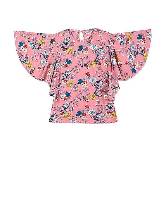 U.S. Polo Assn. Kids Girls Pink Butterfly Sleeve Printed Top