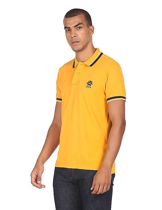 U.S. Polo Assn. Men Mustard Striped Collar Solid Pique Polo Shirt