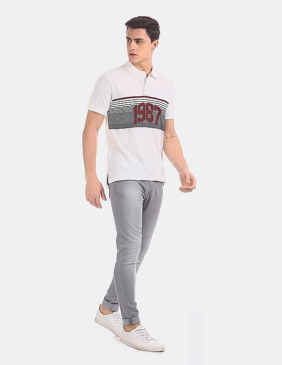 Aeropostale Men White Striped Chest Pique Polo Shirt