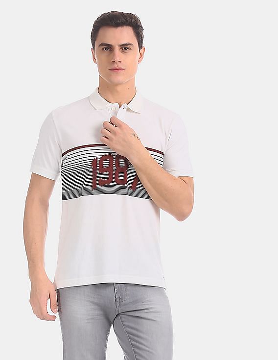 Aeropostale Men White Striped Chest Pique Polo Shirt