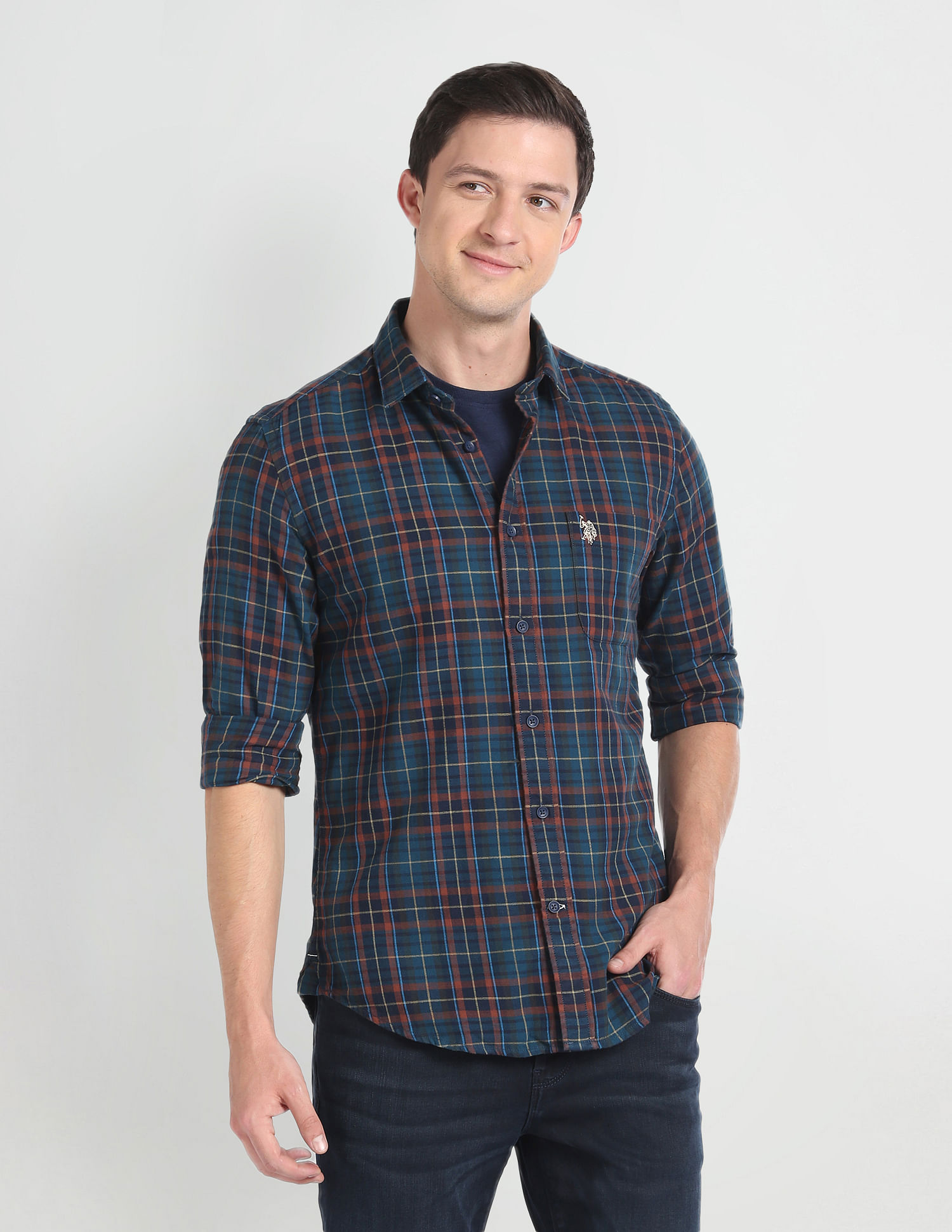 Plaid shirt best sale with denim collar