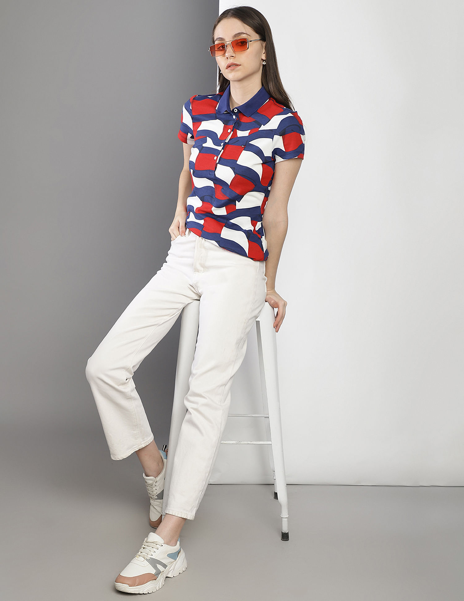 Tommy Hilfiger Women Blue Abstract Print Slim Fit Polo Shirt