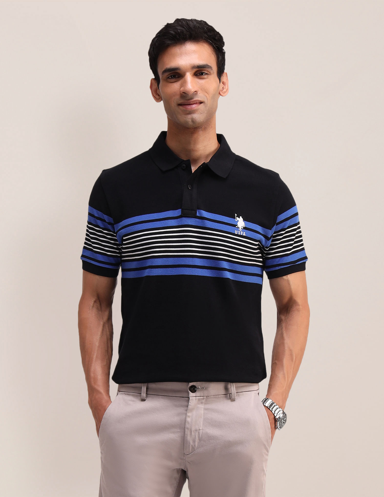 トップス HORIZONTAL STRIPES POLO L/S SHIRT Larsson & Co Men's Knitted Polo Shirt With Horizontal Stripe