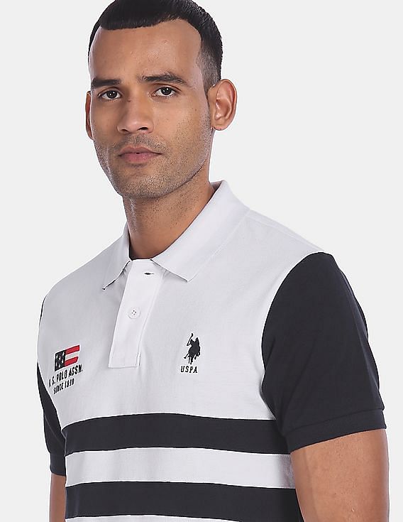 U.S. Polo Assn. Men White And Black Cotton Striped Polo Shirt