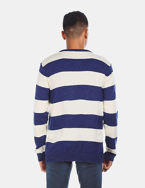 Buy Flying Machine Men Blue And Off White Ribbed Crew Neck Striped