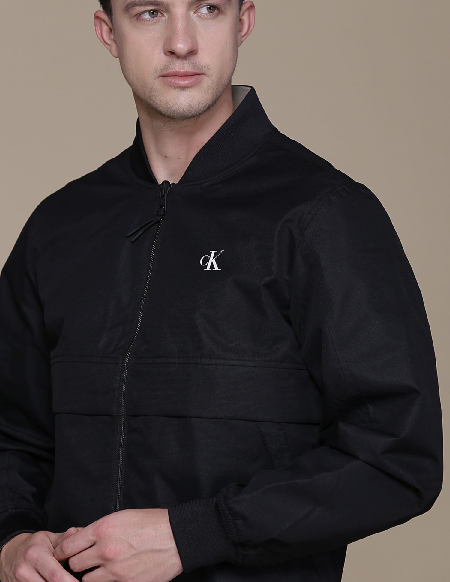 Buy Calvin Klein Men Black Stand Collar Easy Bomber Jacket