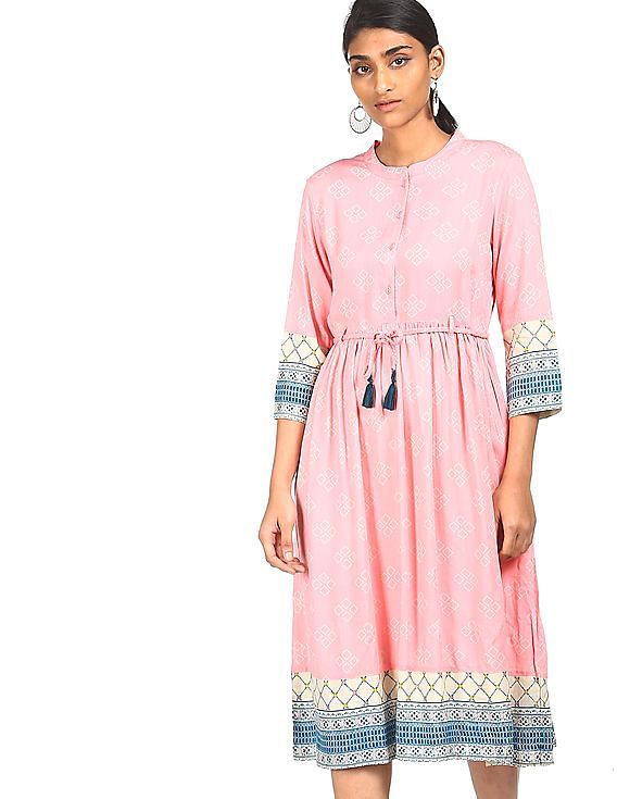 Light Pink Printed Fit And Flare Dress ...