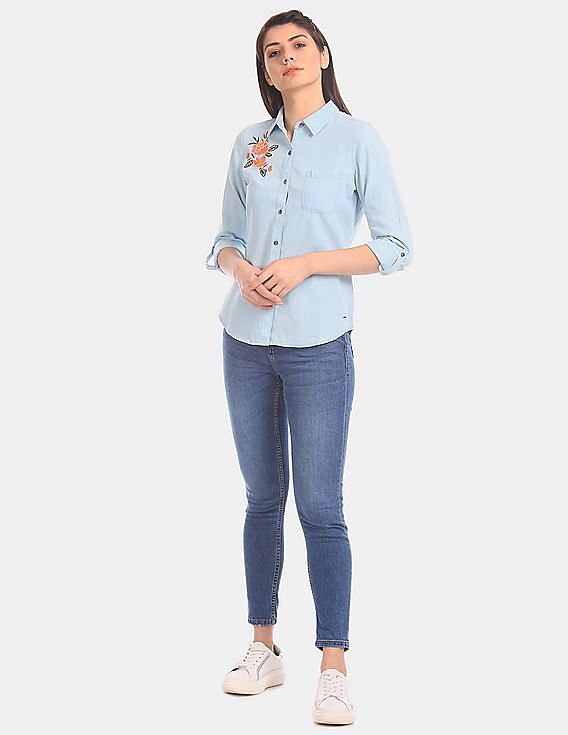 U.S. Polo Assn. Women Roll Up Sleeve Spread Collar Embroidered Shirt
