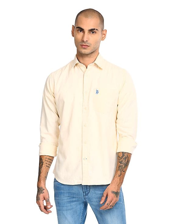 Cream Patch Pocket Solid Casual Shirt 