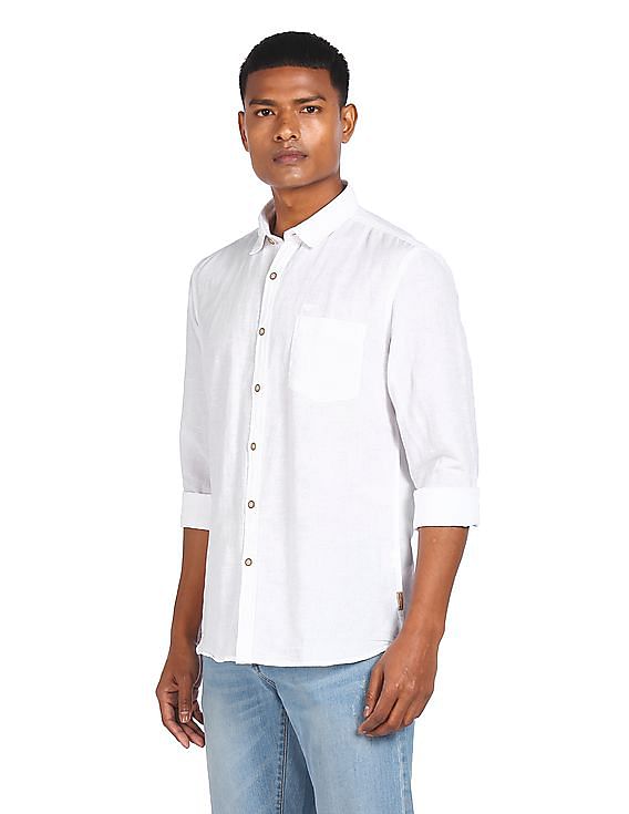 Flying Machine Cotton Linen Solid Casual Shirt