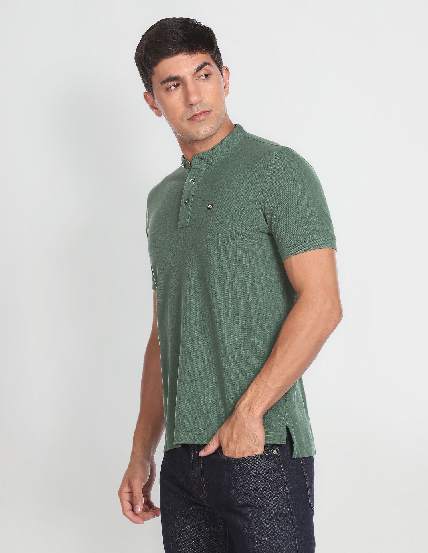 Arrow Sports Mandarin Collar Heathered Polo Shirt