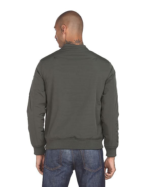 U.S. Polo Assn. Denim Co. Men Olive Mandarin Collar Solid Biker Jacket