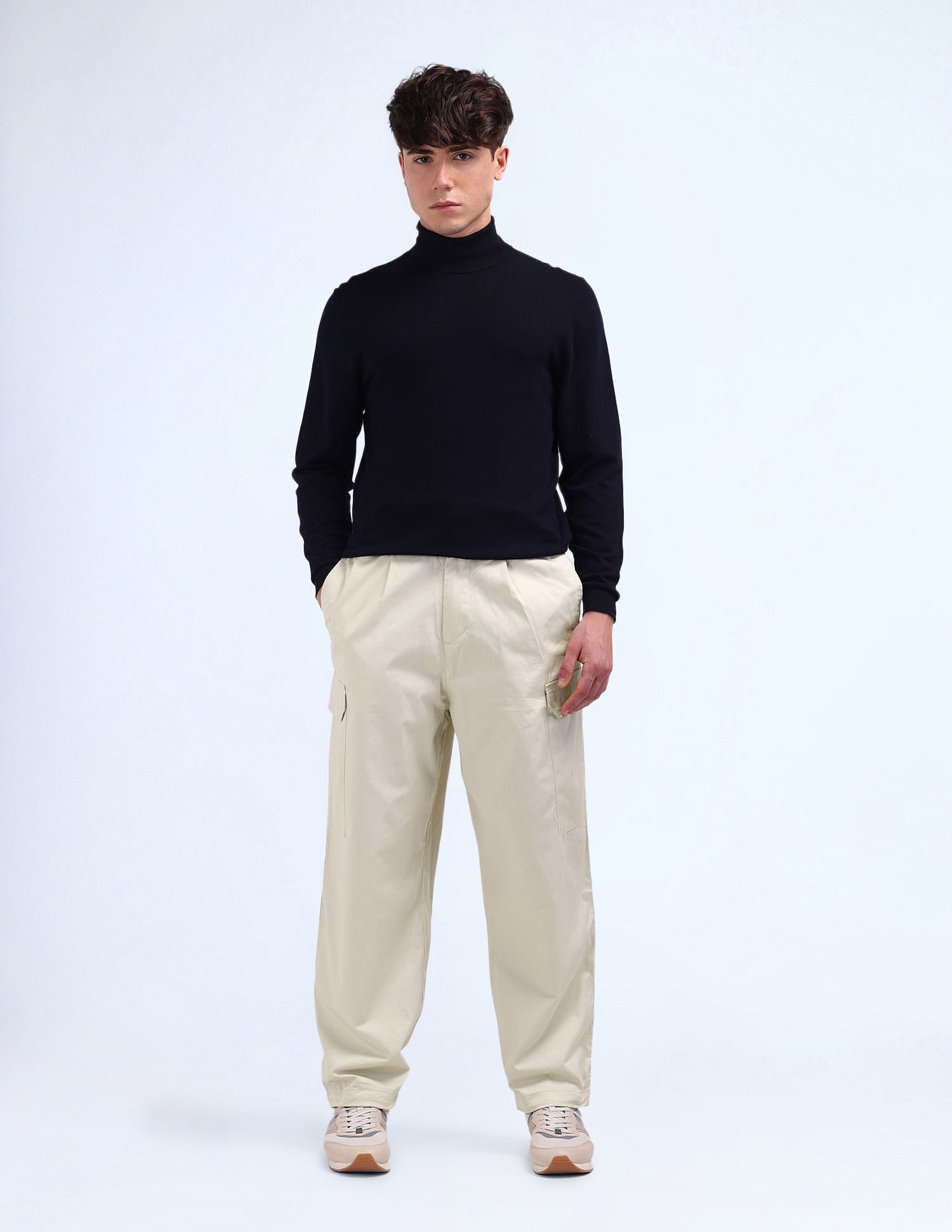 Flying Machine Solid Loose Fit Pleated Cargos