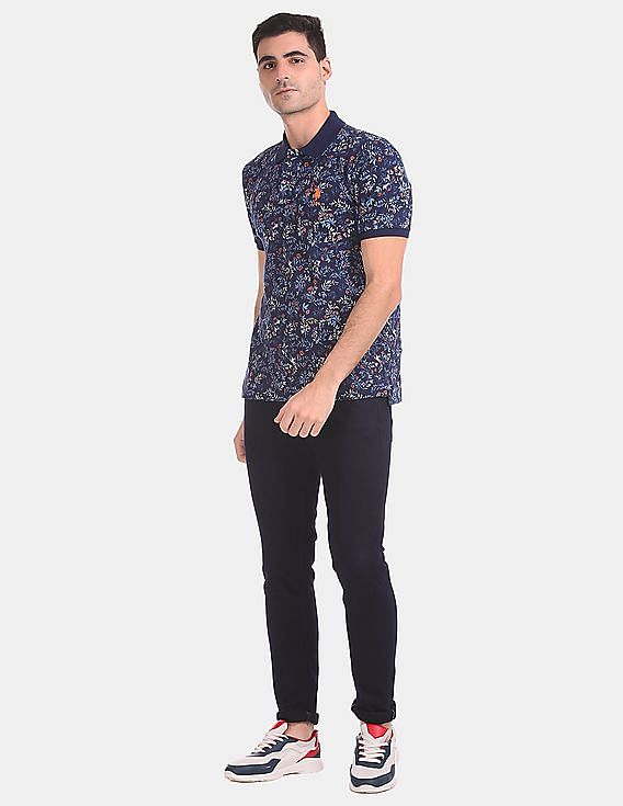 U.S. Polo Assn. Men Blue Printed Cotton Stretch Polo Shirt
