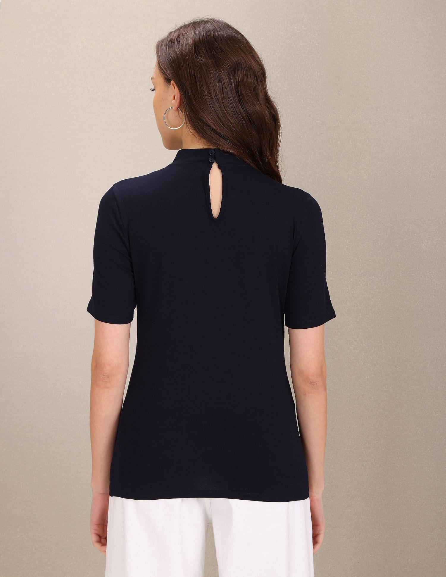 U.S. Polo Assn. Women Stand Neck Typographic Print Solid T-Shirt