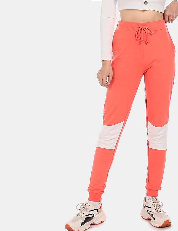 Buy Flying Machine Women Coral High Rise Contrast Panelled Joggers 
