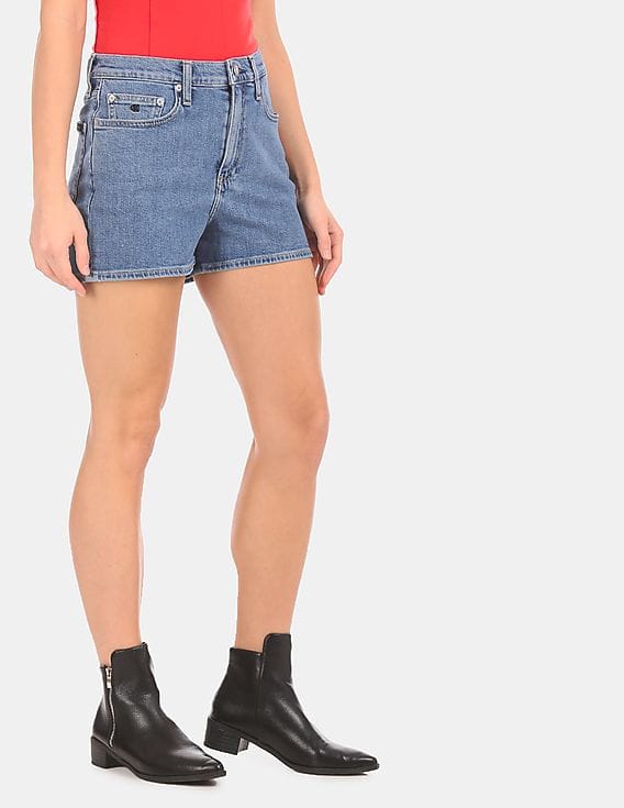 Buy Calvin Klein Women Blue Side Monogram Tape Washed Denim Shorts