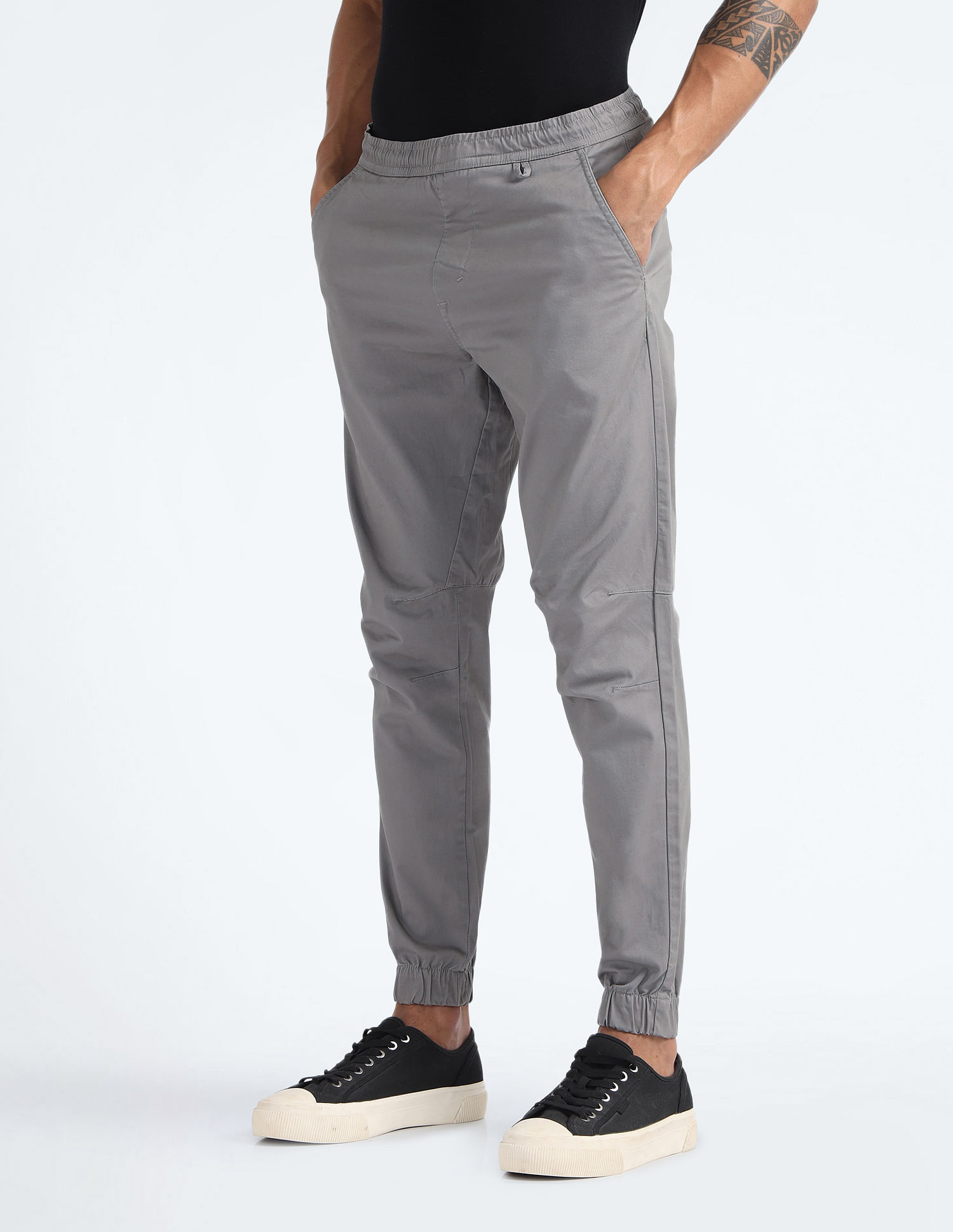 Flying Machine Drawstring Waist Solid Trousers