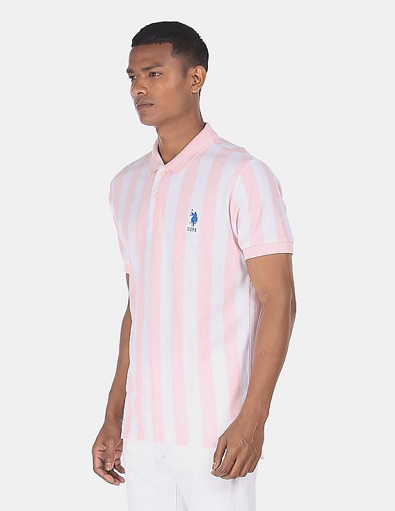 Men's pink and 2025 white striped polo shirt