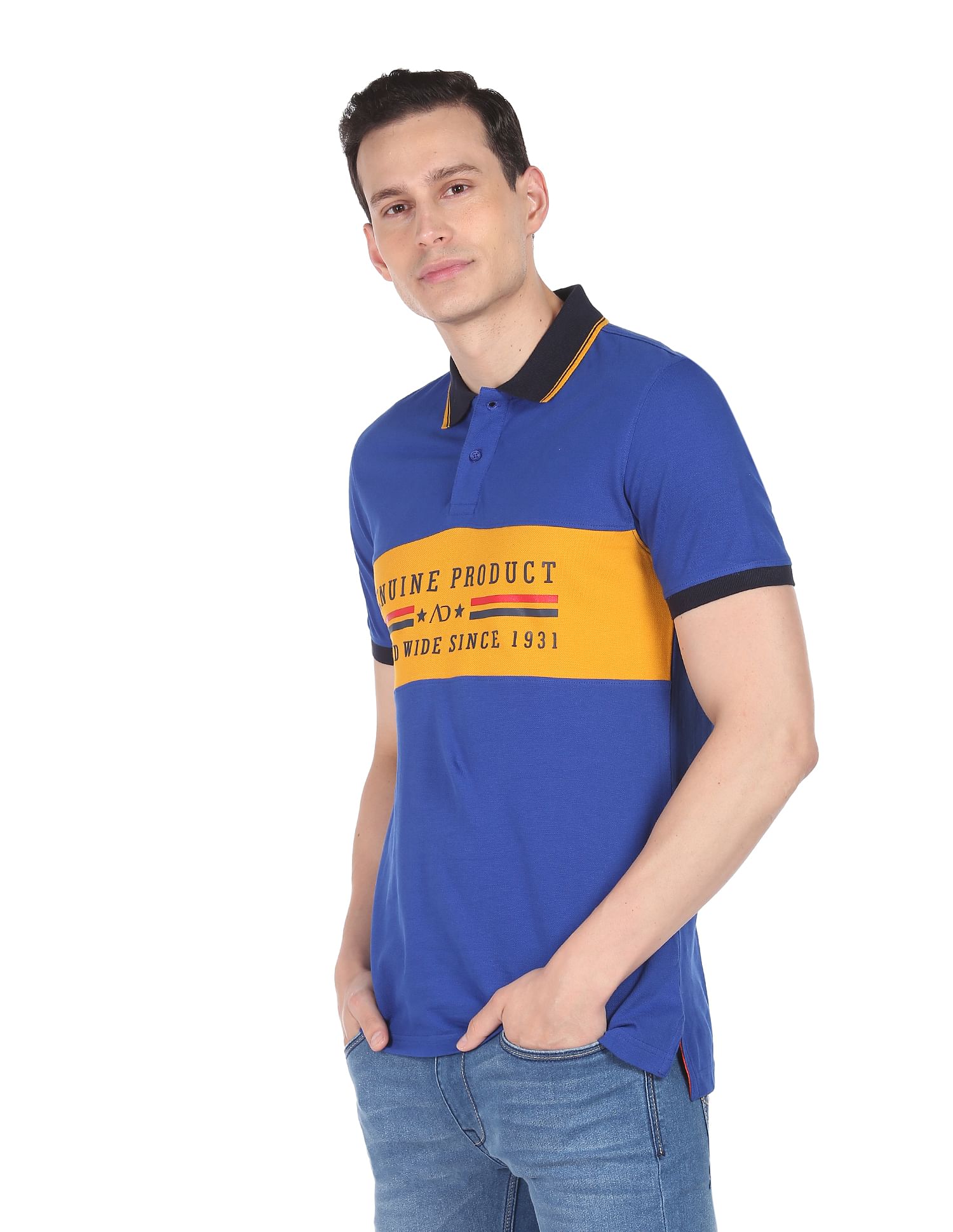 AD by Arvind Contrast Panel Printed Polo Shirt