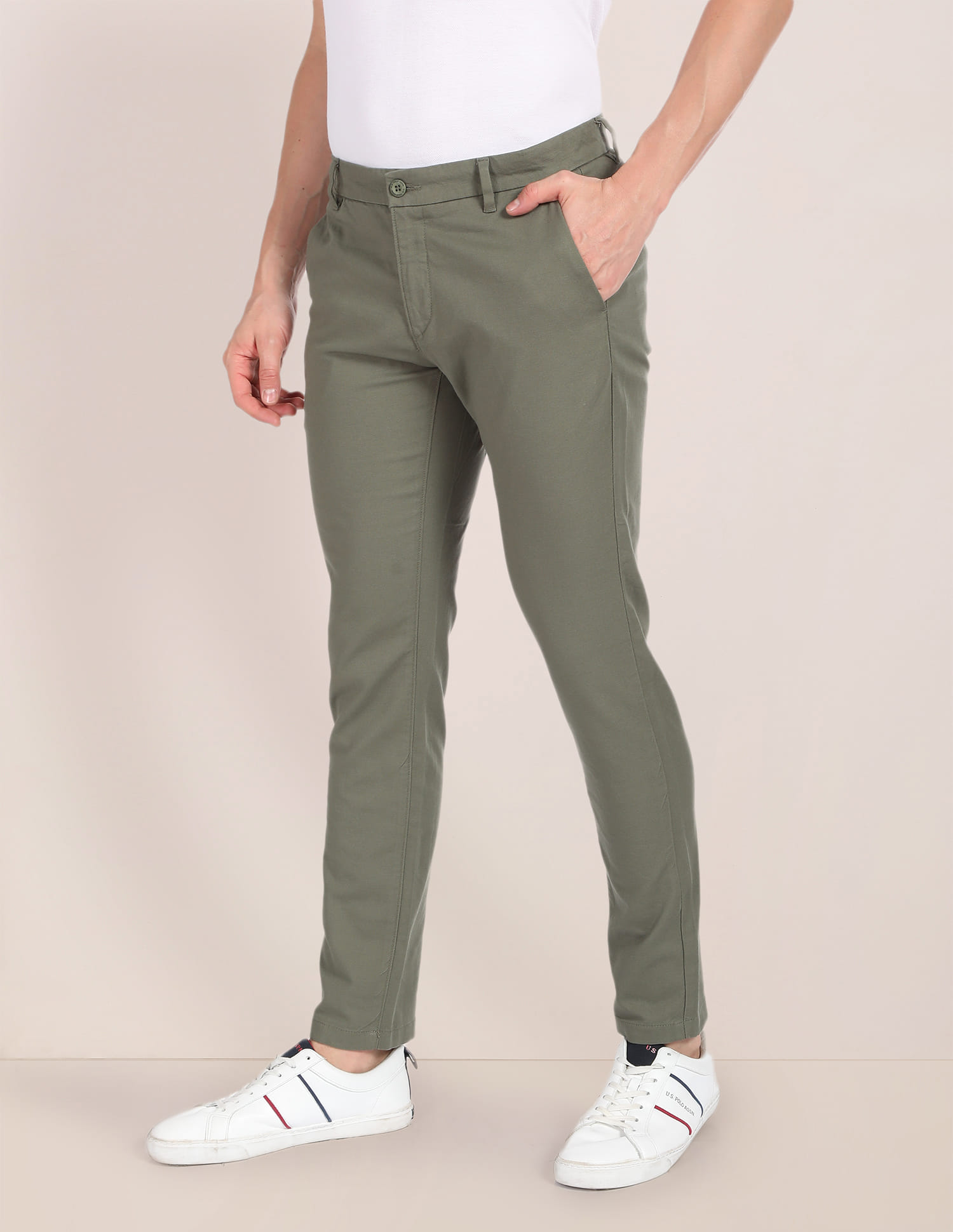 Buy Polo Solid Flat Front Trousers