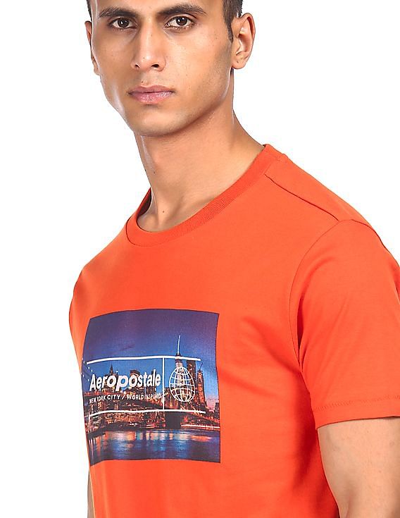 Aeropostale Men Orange Round Neck Graphic Print T-Shirt