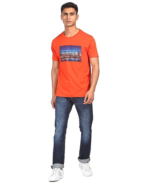 Aeropostale Men Orange Round Neck Graphic Print T-Shirt