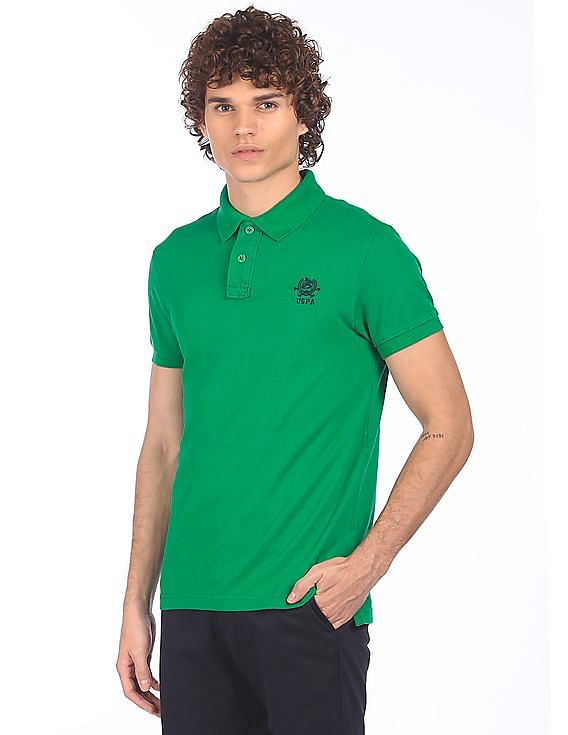 U.S. Polo Assn. Men Green Solid Short Sleeves Polo T-shirt