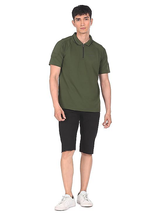 Calvin Klein Men Rifle Green Half Zip Placket Solid Polo Shirt