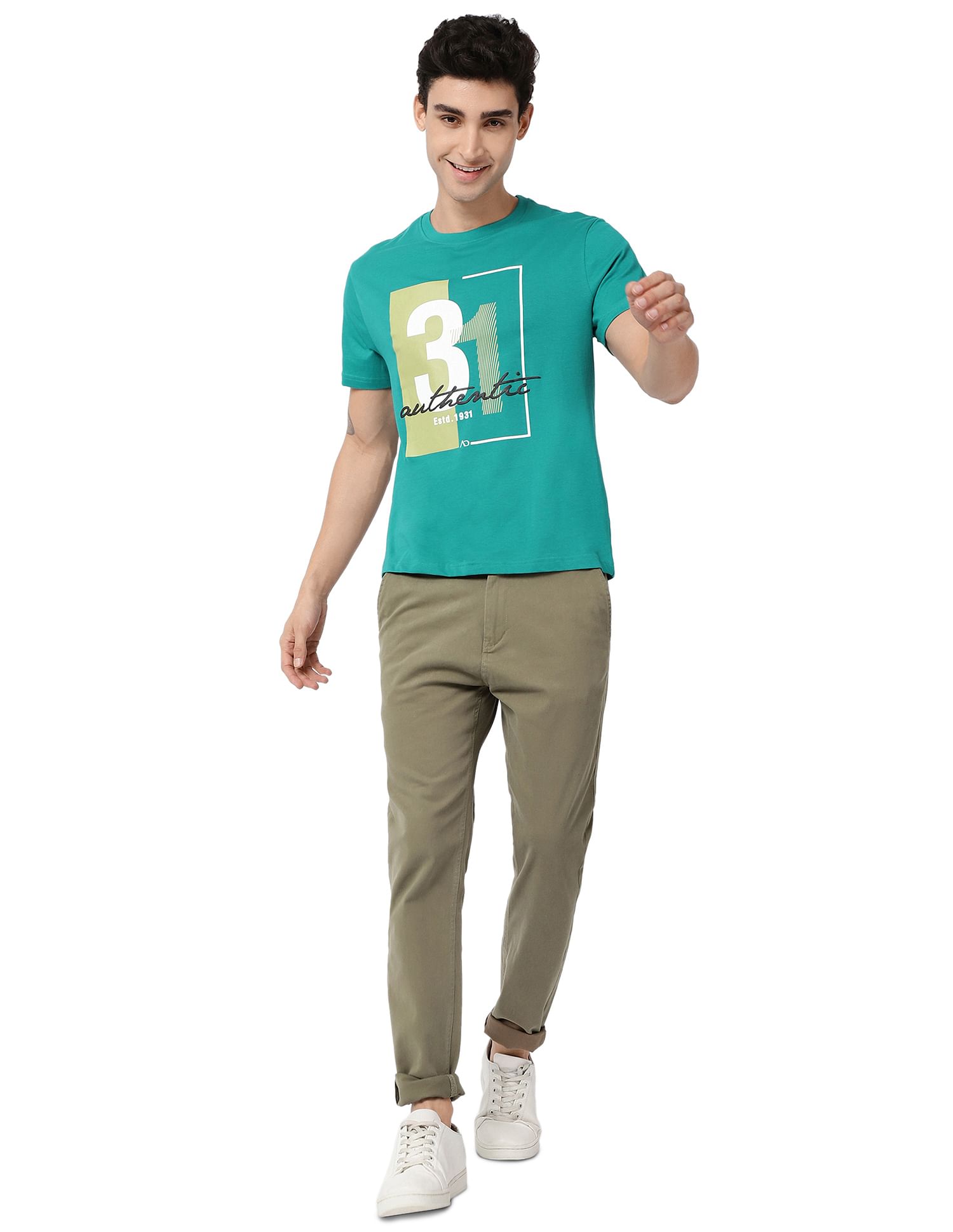 AD by Arvind Crew Neck Typographic Print Cotton T-Shirt