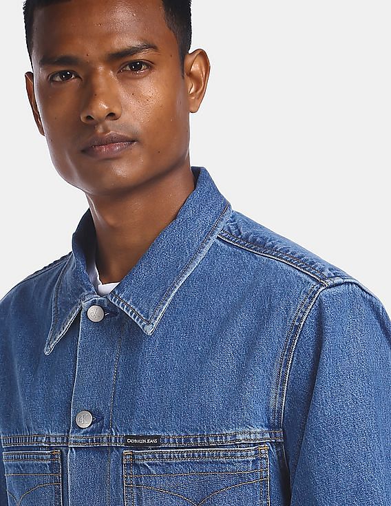 Buy Calvin Klein Men Blue Stone Wash Omega Bomber Denim Jacket