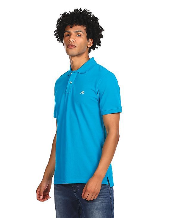 Aeropostale Men Turquoise Cotton Appliqued Logo Polo Shirt