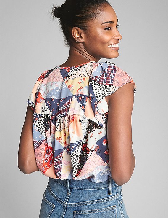 ★TESTMECHANISM★ Heart & Clover Mix Casual Short Sleeve Buy GAP Women Multi Colour Patchwork Short Sleeve Smock Top