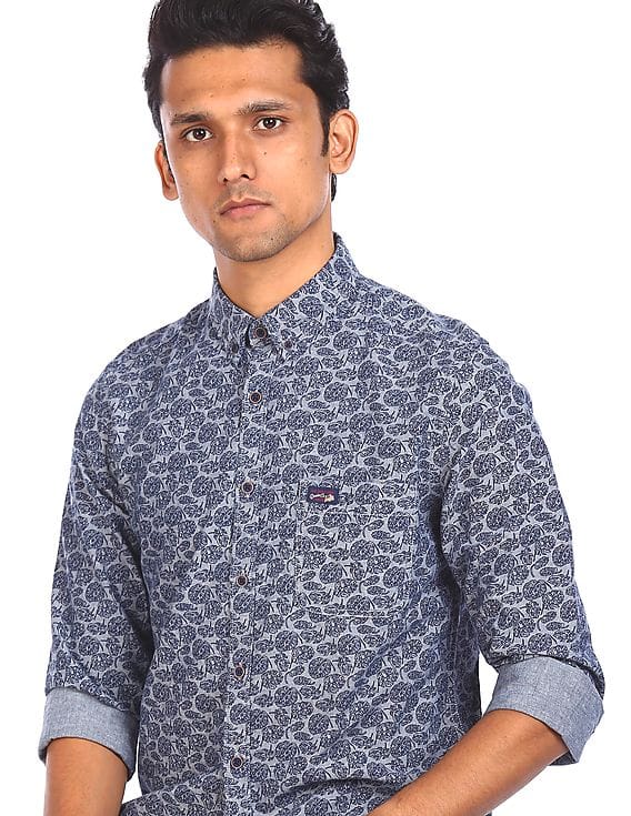 Men Blue Cotton Printed Casual Shirt 