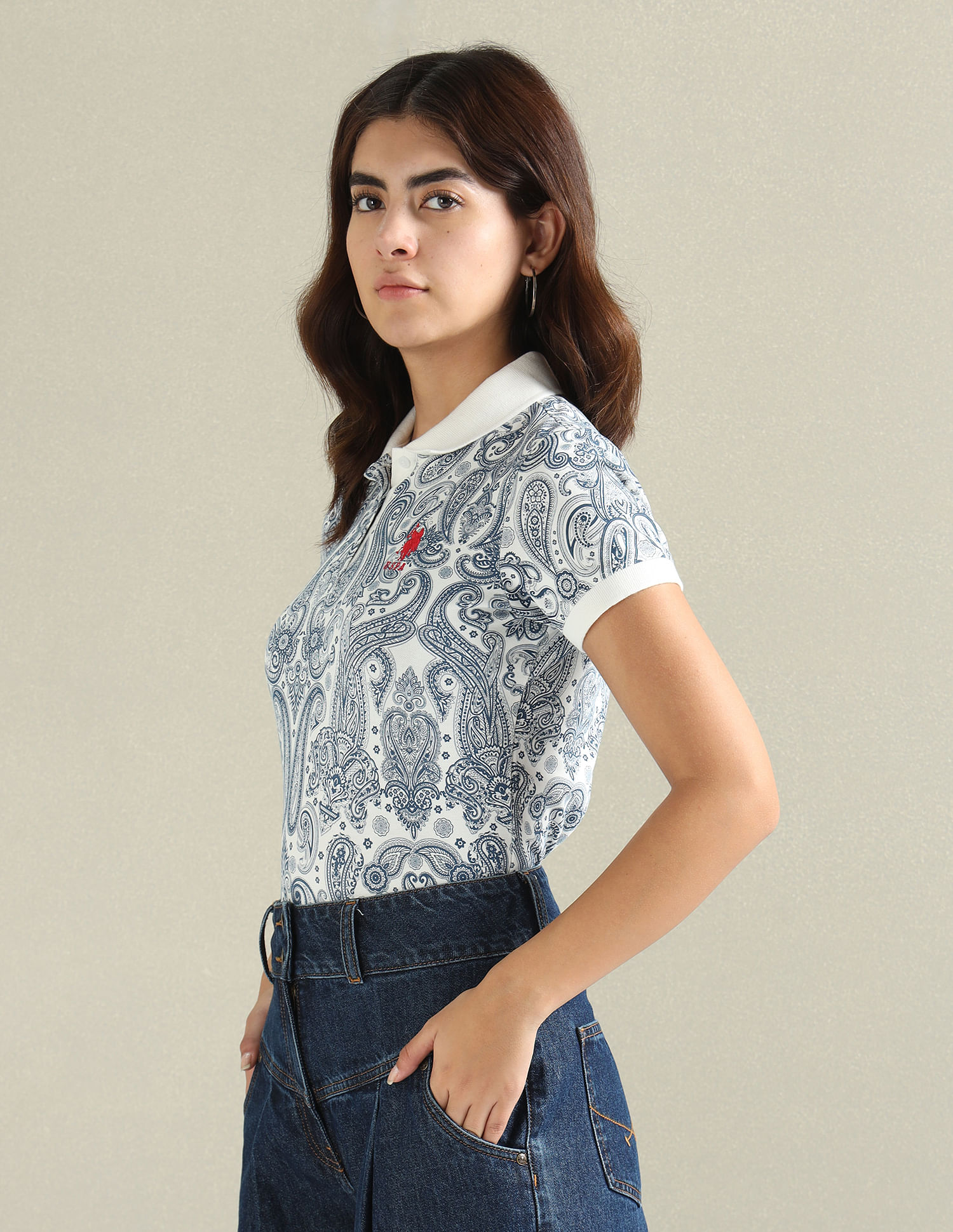 U.S. Polo Assn. Women Cotton Stretch Paisley Polo Shirt