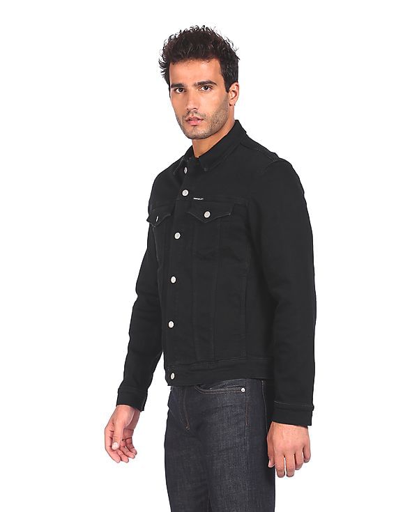 Buy Calvin Klein Men Black Spread Collar Solid Denim Jacket