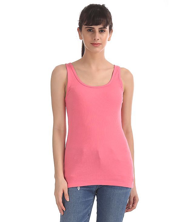 U.S. Polo Assn. Women Pink Ribbed Tank Top
