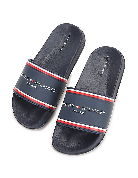 Buy Tommy Hilfiger Kids Boys Blue Open Toe Brand Print Pool Slides