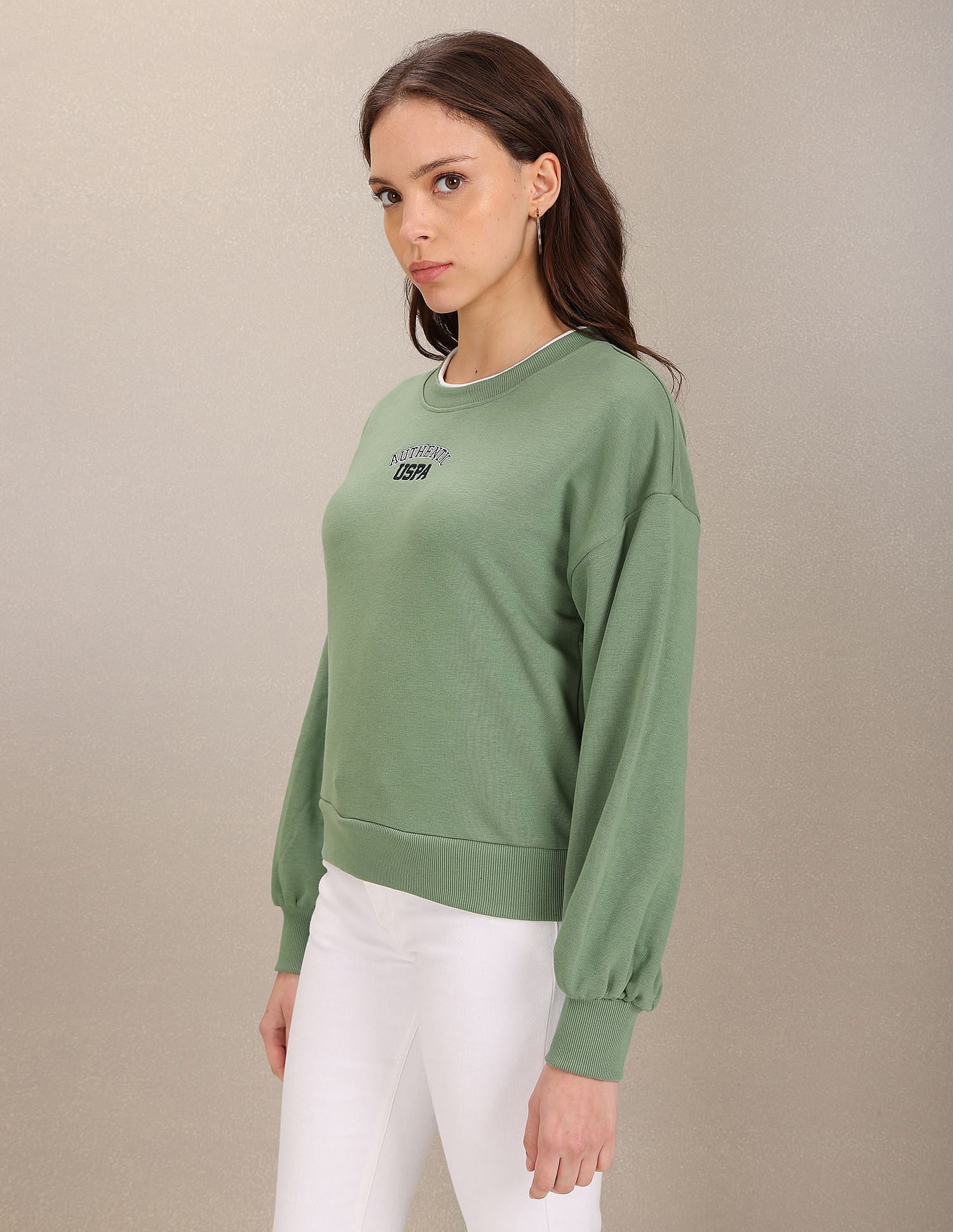 U.S. Polo Assn. Women Tipped Crew Neck Solid Sweatshirt