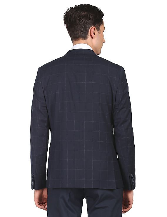 Tommy Hilfiger Men Navy Notch Lapel Collar Check Formal Blazer