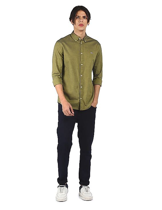 Tommy Hilfiger Men Yellow And Navy Stretch Two Tone Oxford Casual Shirt