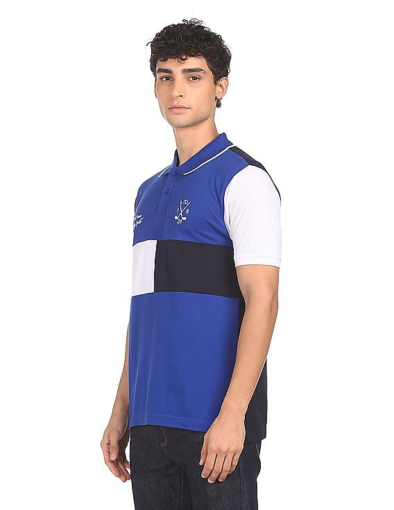 Buy AD by Arvind Men Navy And Yellow Cotton Colour Block Logo Polo Shirt -  NNNOW.com