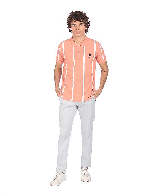 U.S. Polo Assn. Men Peach Striped Short Sleeve Polo Shirt