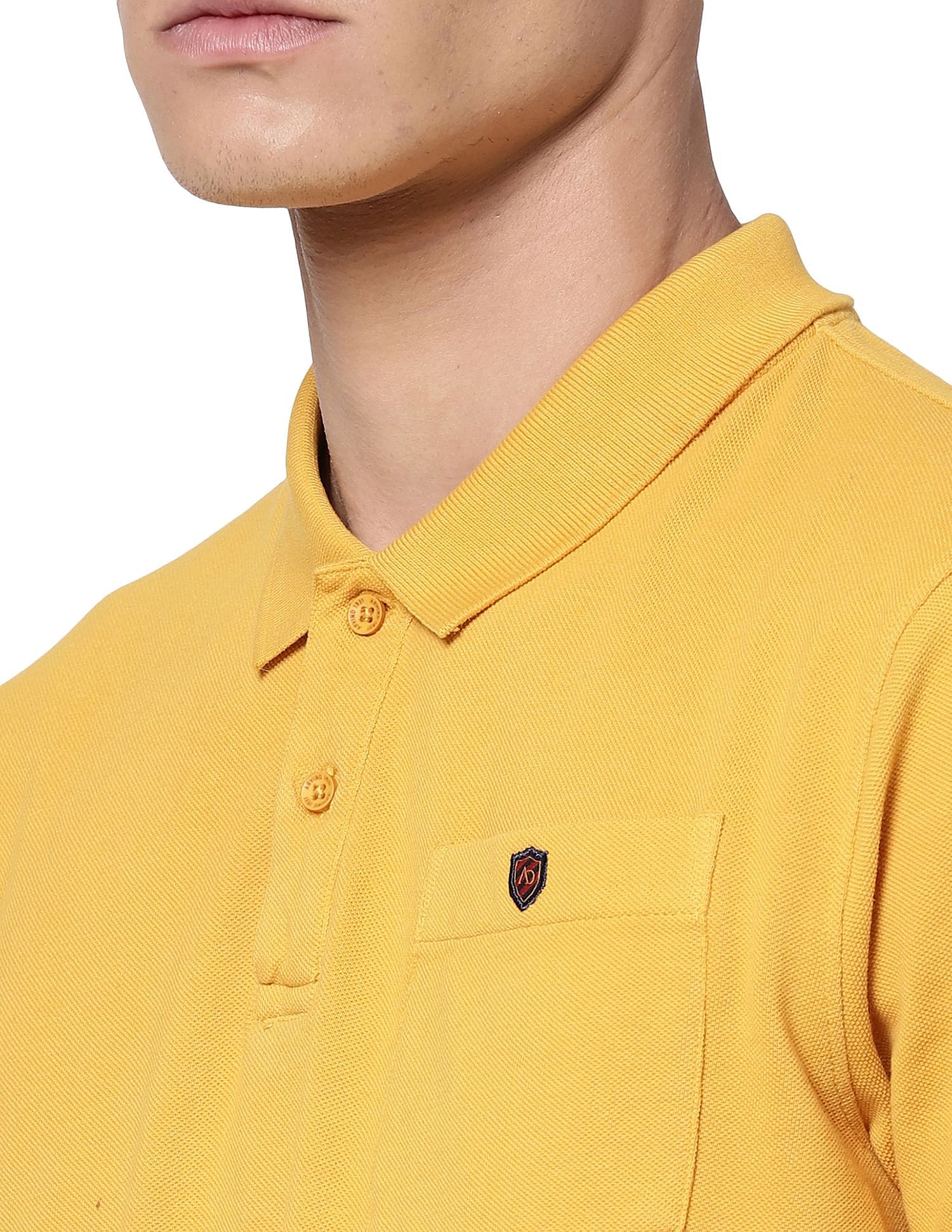 AD by Arvind Men Golden Yellow Cotton Solid Polo Shirt