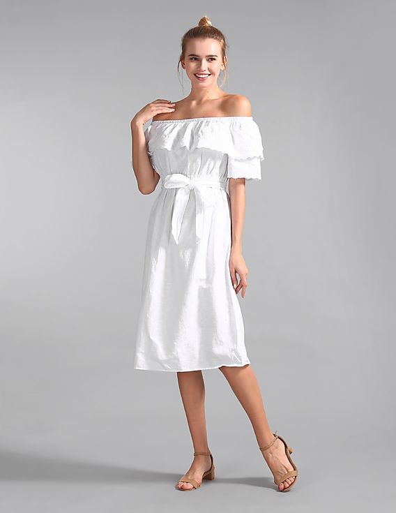 Buy GAP Women White Off-Shoulder Ruffle Eyelet Midi Dress in