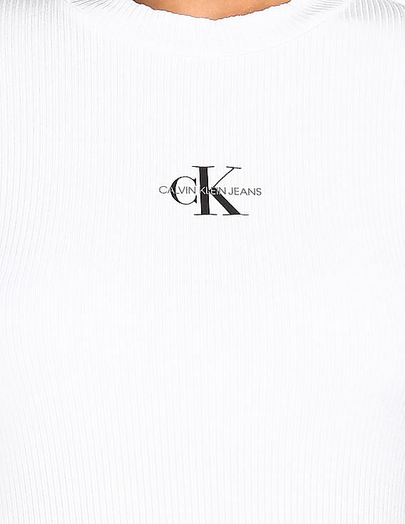 Calvin Klein Women White Round Neck Side Drawstring Ribbed T-Shirt