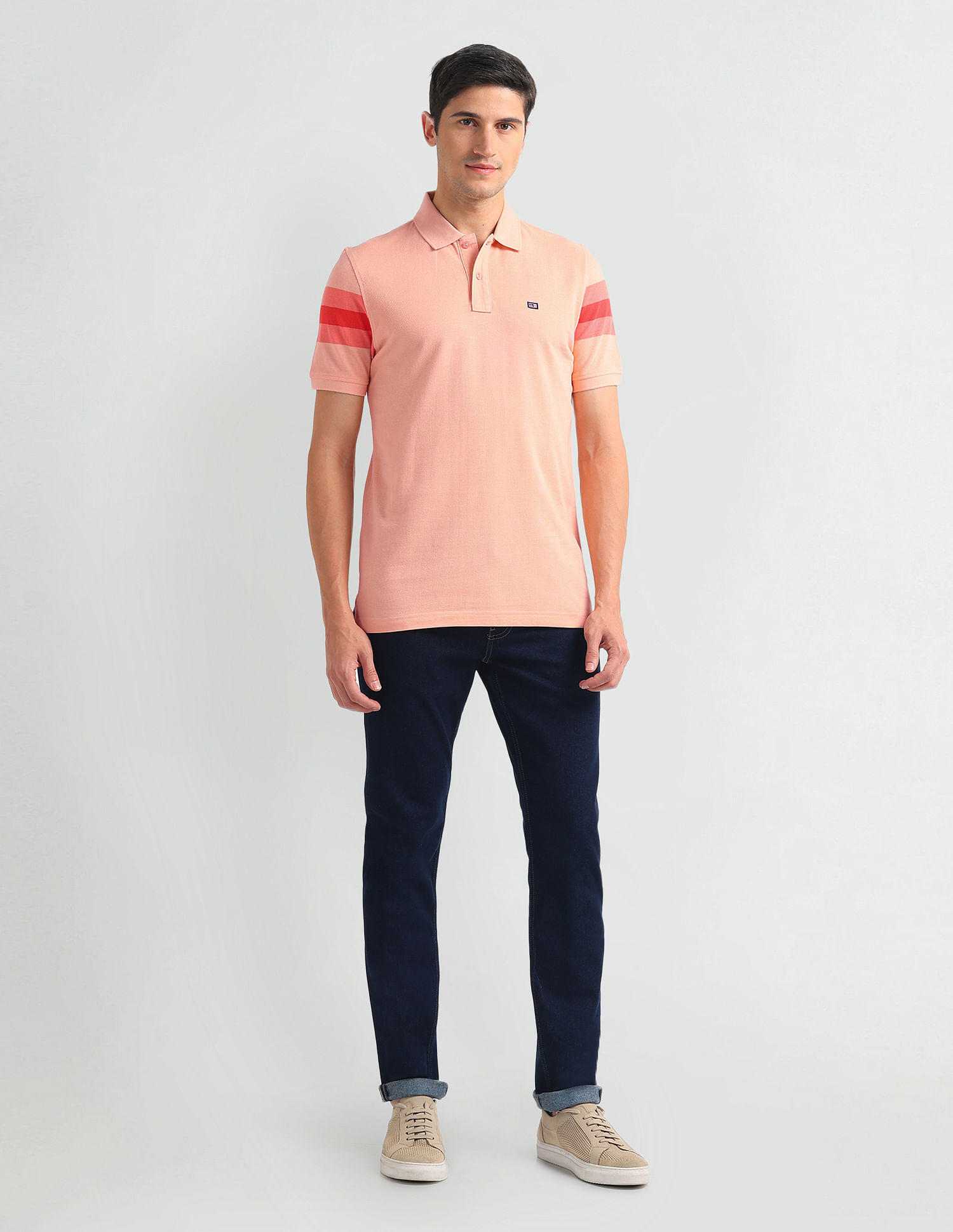 Arrow Sports Striped Sleeve Solid Polo Shirt