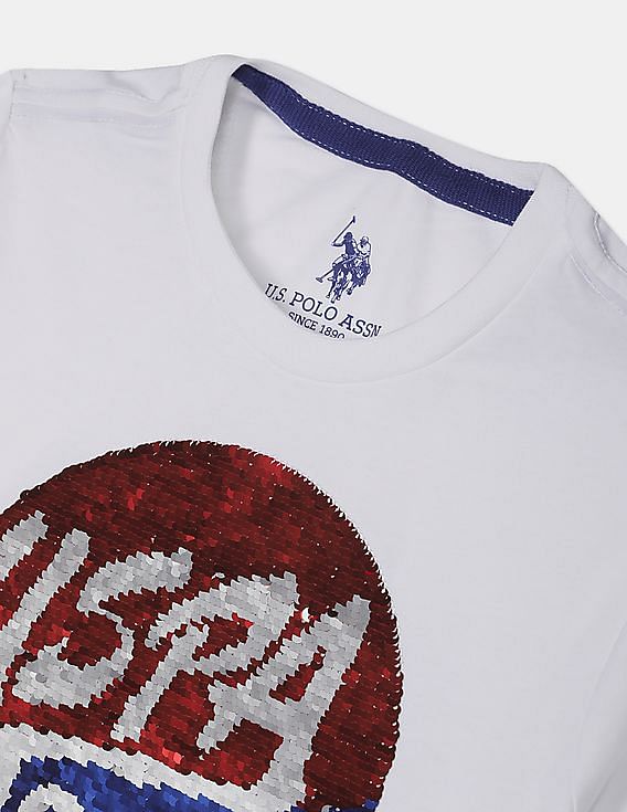 U.S. Polo Assn. Kids Boys White Crew Neck Flippy Sequin Logo T-Shirt