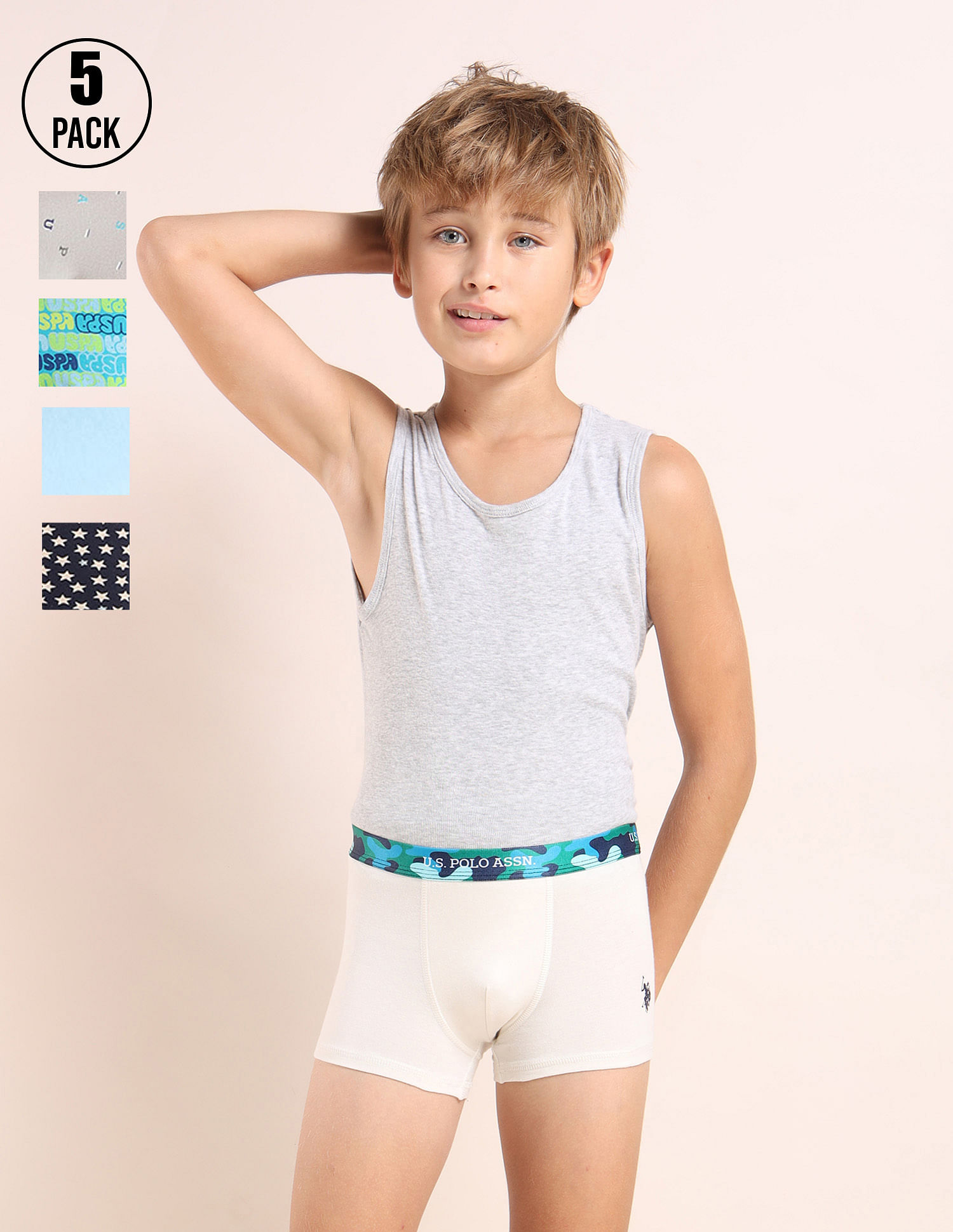 USPA Innerwear Boys Mid Rise Cotton Spandex Trunks - Pack Of 5